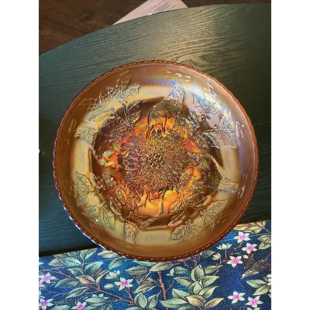 VTG Fenton STAG & HOLLY Marigold Carnival Glass 8" Spatula Footed Bowl